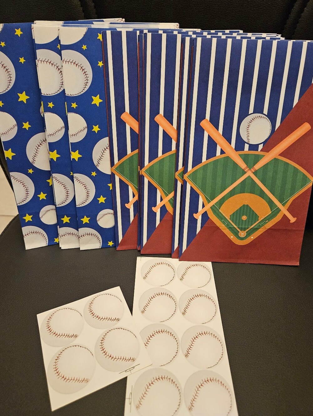 Baseball Party Favor Bags with Sticker Sheets - Blue, Green, Red 12 Ct